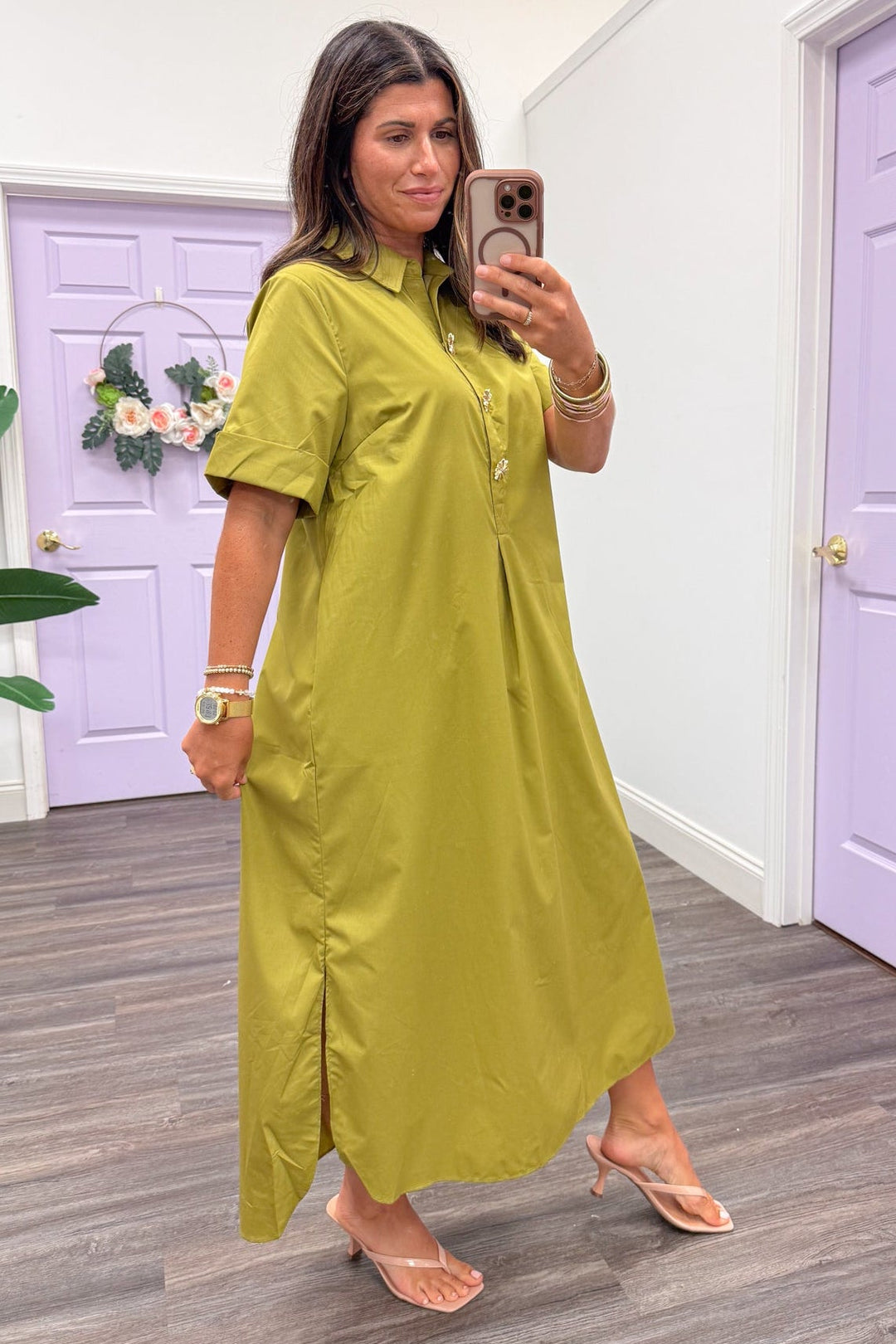 Olive Midi Dress With Gold Decorative Snap Bodice And Collar Small