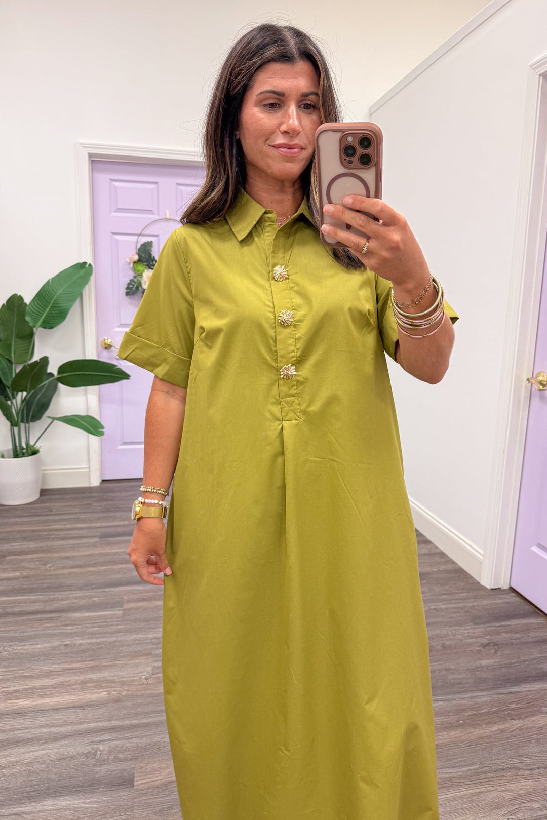 chartreuse cotton midi dress with gold embellished buttons and collar neckline upclose picture