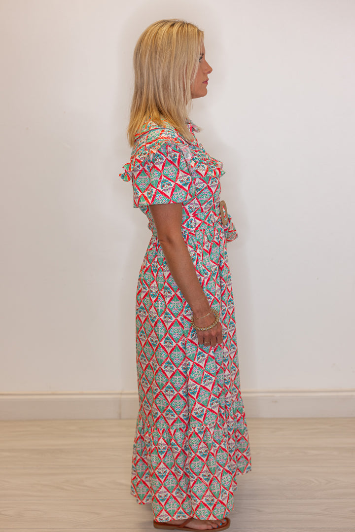Women's green and coral pink floral print belted poplin maxi dress by Karlie showing full side view