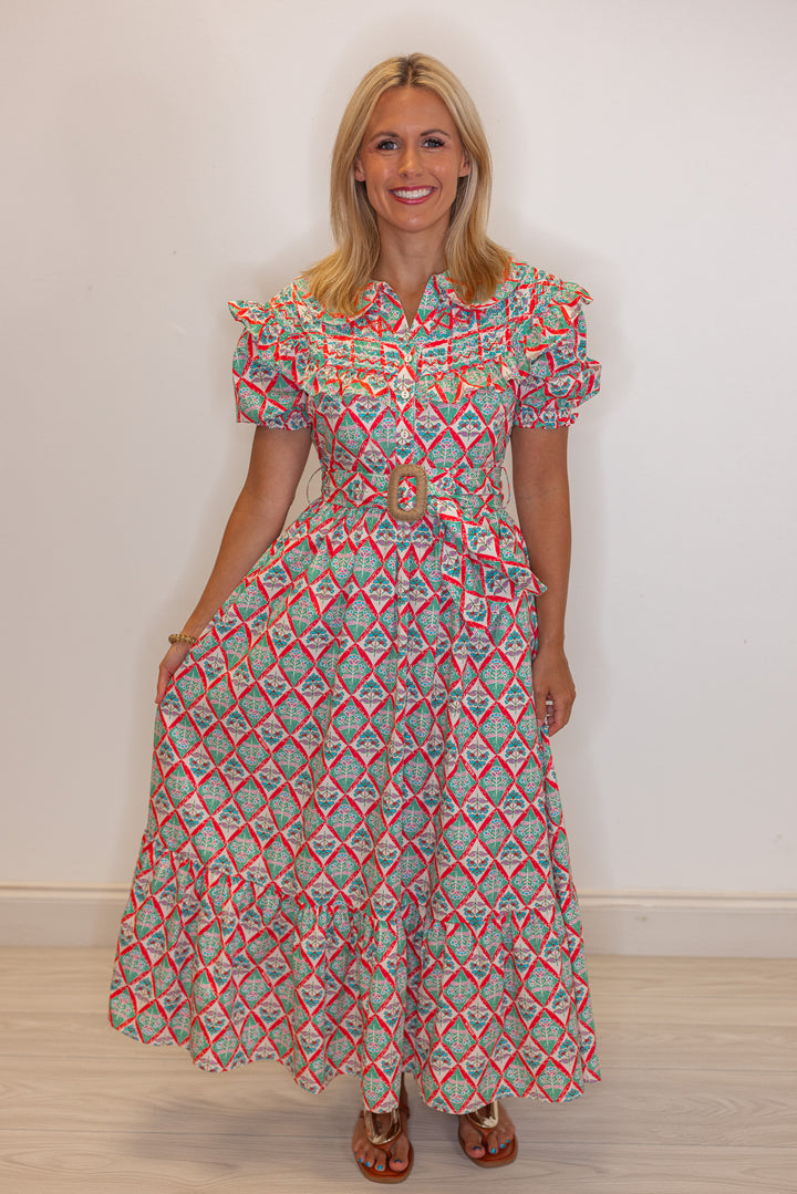 Women's trendy green and coral pink floral print belted poplin maxi dress by Karlie