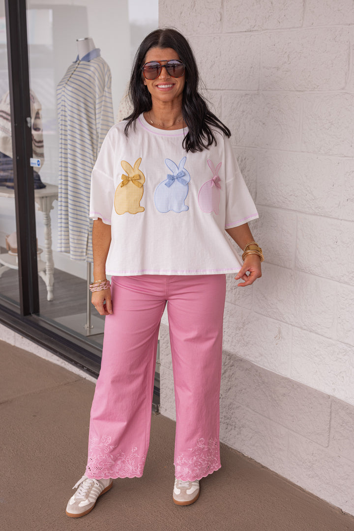 mauve embroidered hem cotton twill pants outfit