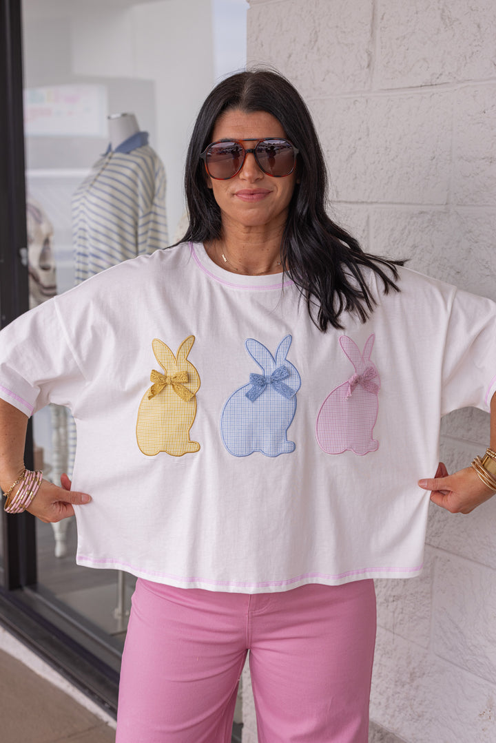 yellow blue pink gingham easter bunny casual top