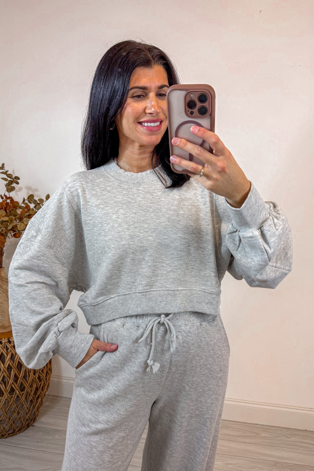cropped grey knit sweatshirt matching set