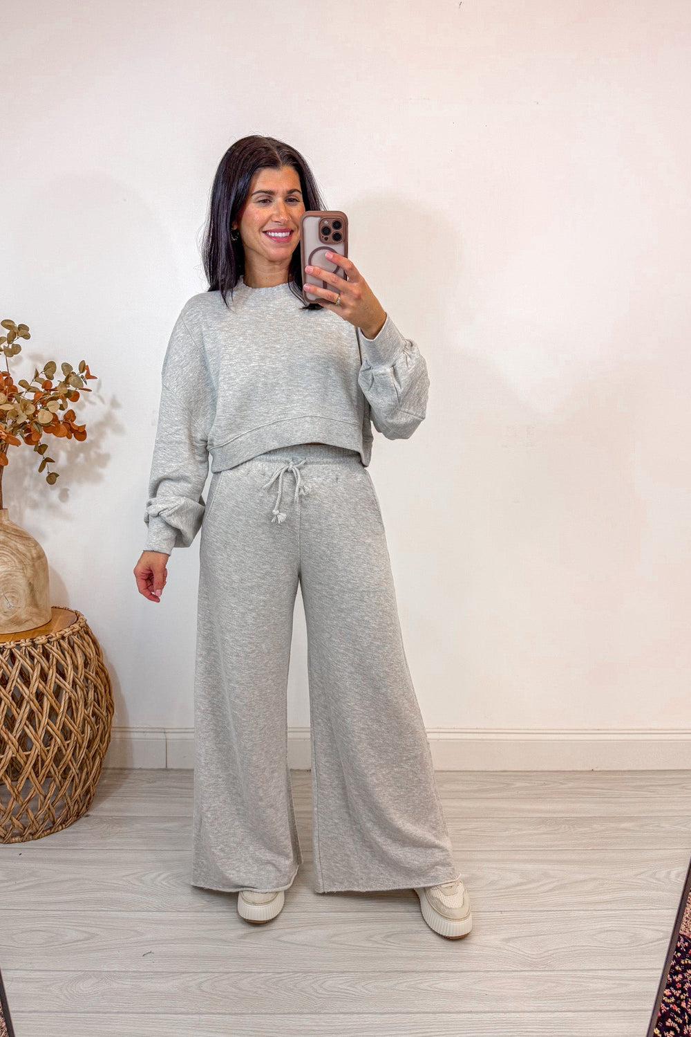 cropped grey knit sweatshirt lounge set