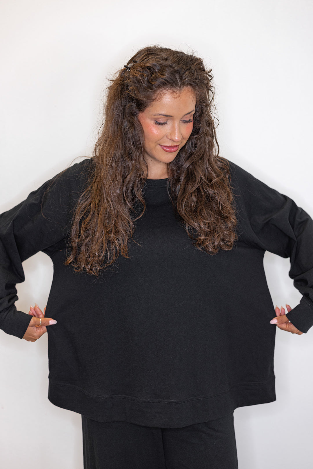women's black cotton long sleeve lounge tops