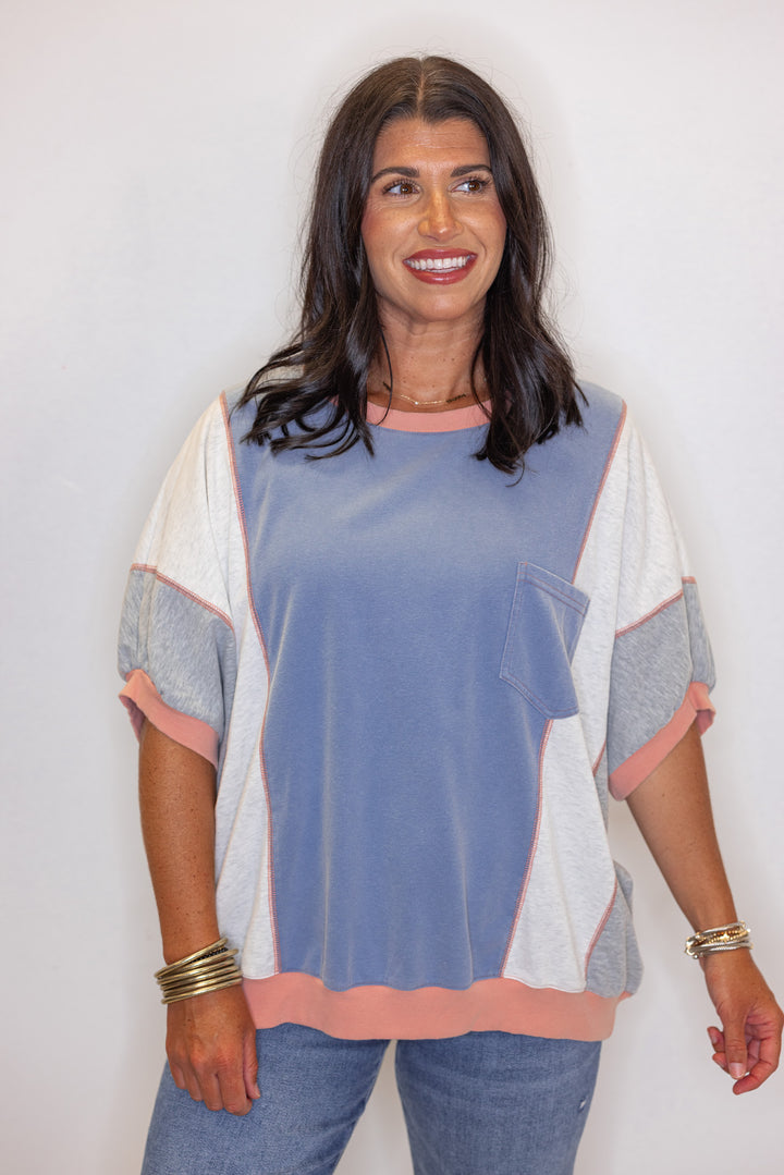 Women's washed french terry knit colorblock top in blue, grey and coral by Easel