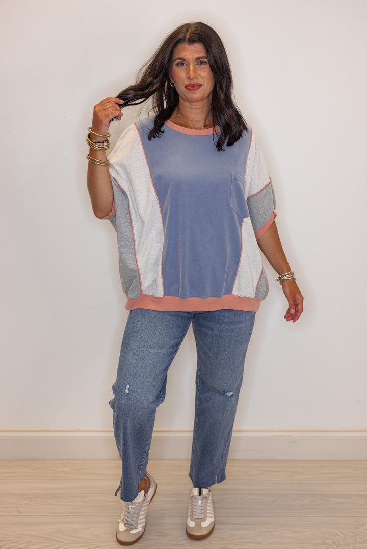 Trendy womens washed french terry knit colorblock top in blue, grey and coral by Easel 