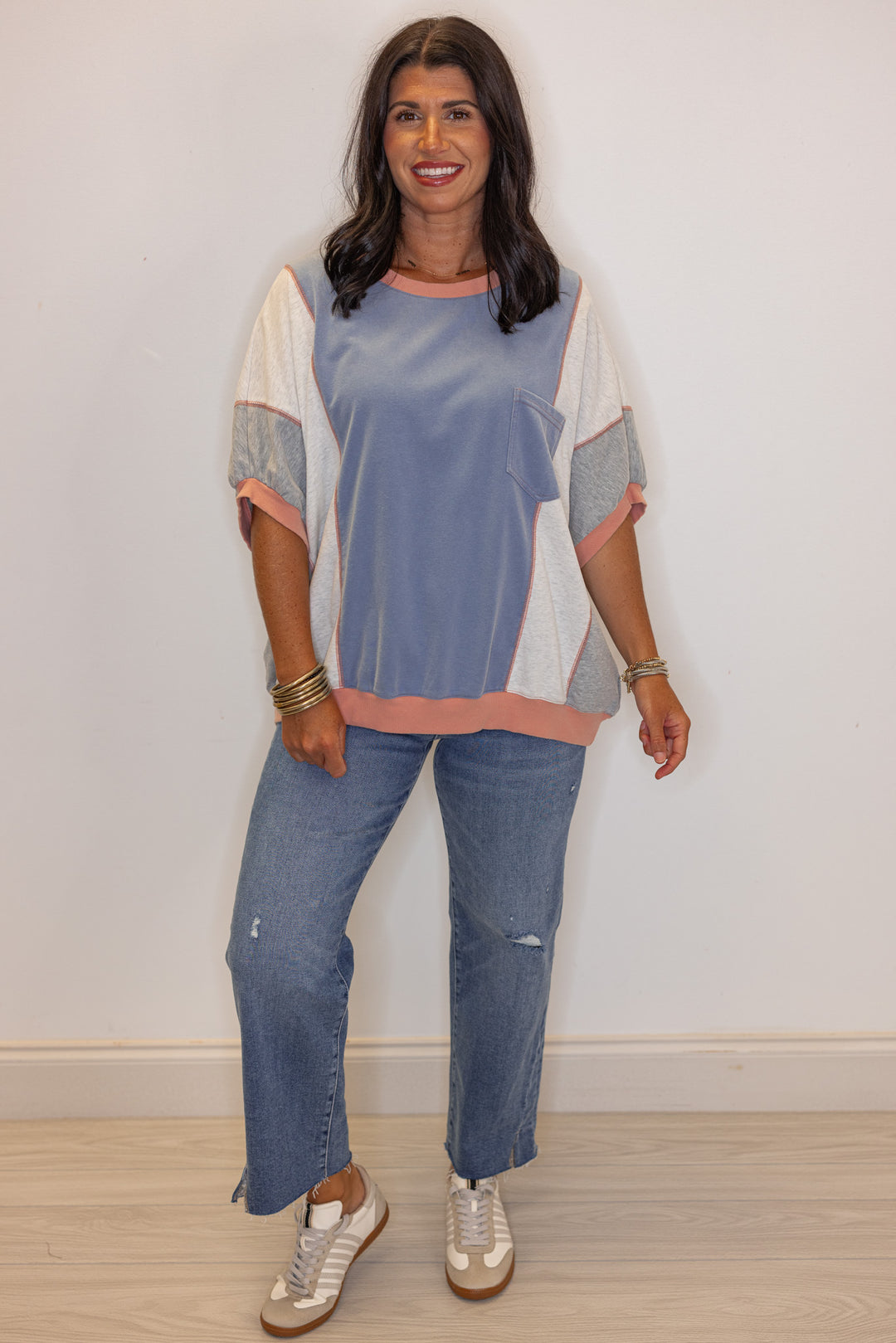 Women's washed french terry knit colorblock top in blue, grey and coral by Easel showing full front view