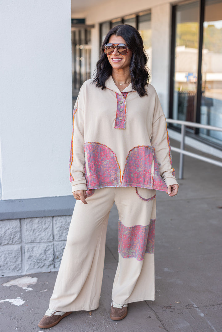 Women's french terry knit oatmeal pullover top with frayed floral patch gauze details by Easel showing full front  view