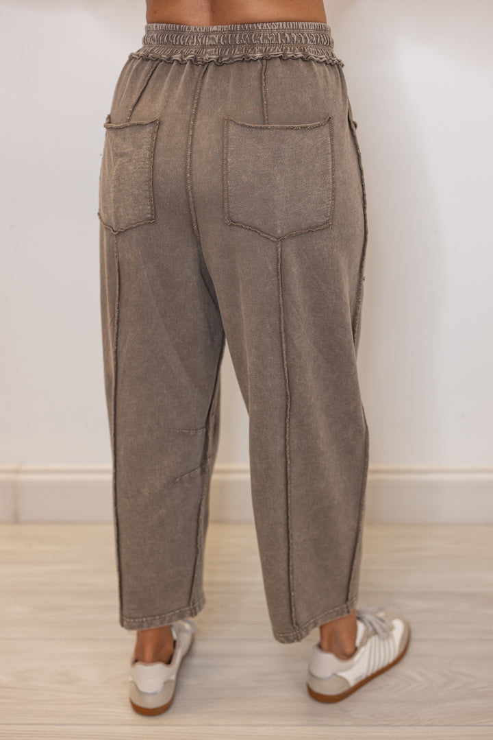 Women's mineral washed mocha french terry knit wide leg pants by Easel showing up close back view