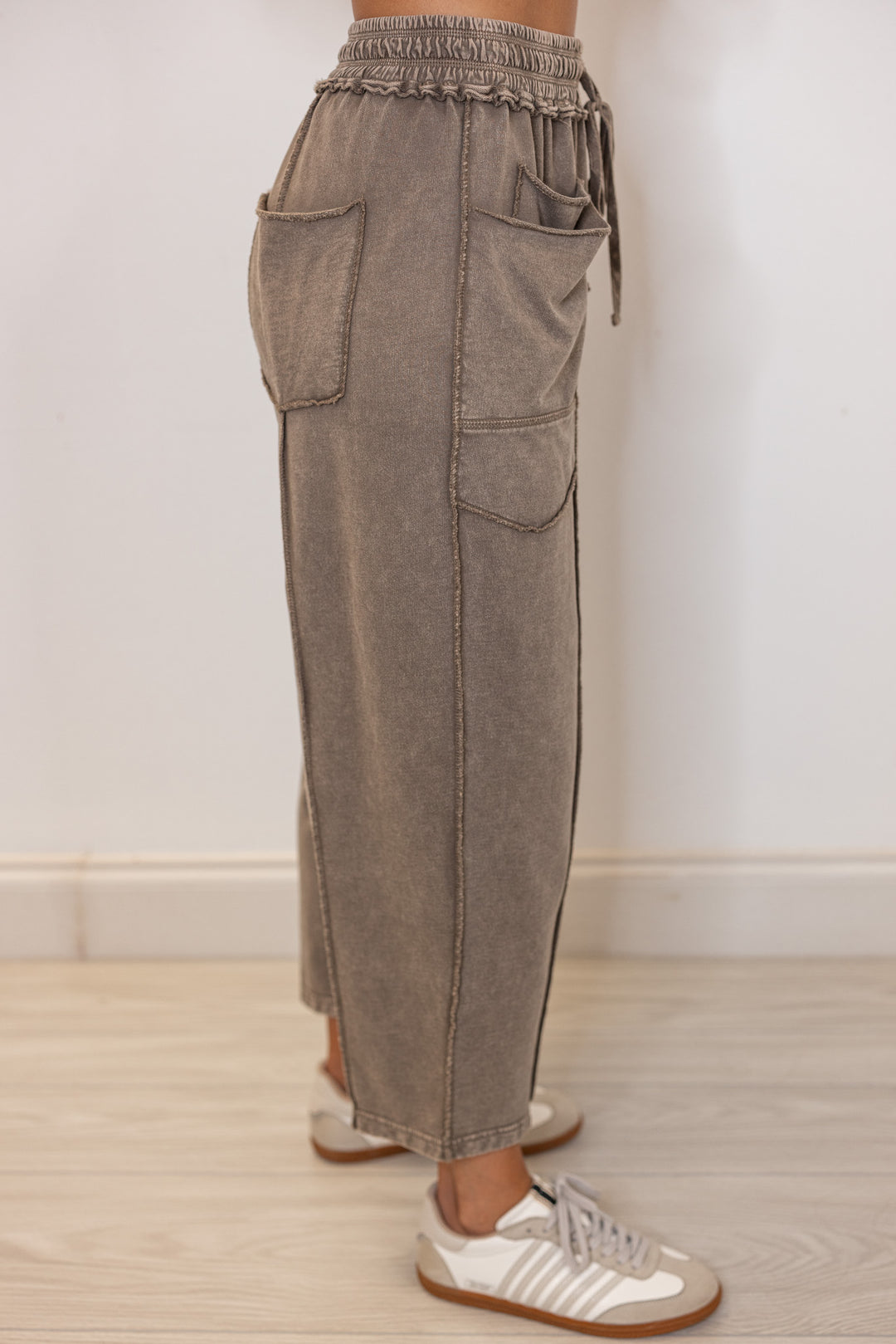 Women's mineral washed mocha french terry knit wide leg pants by Easel showing up close side view