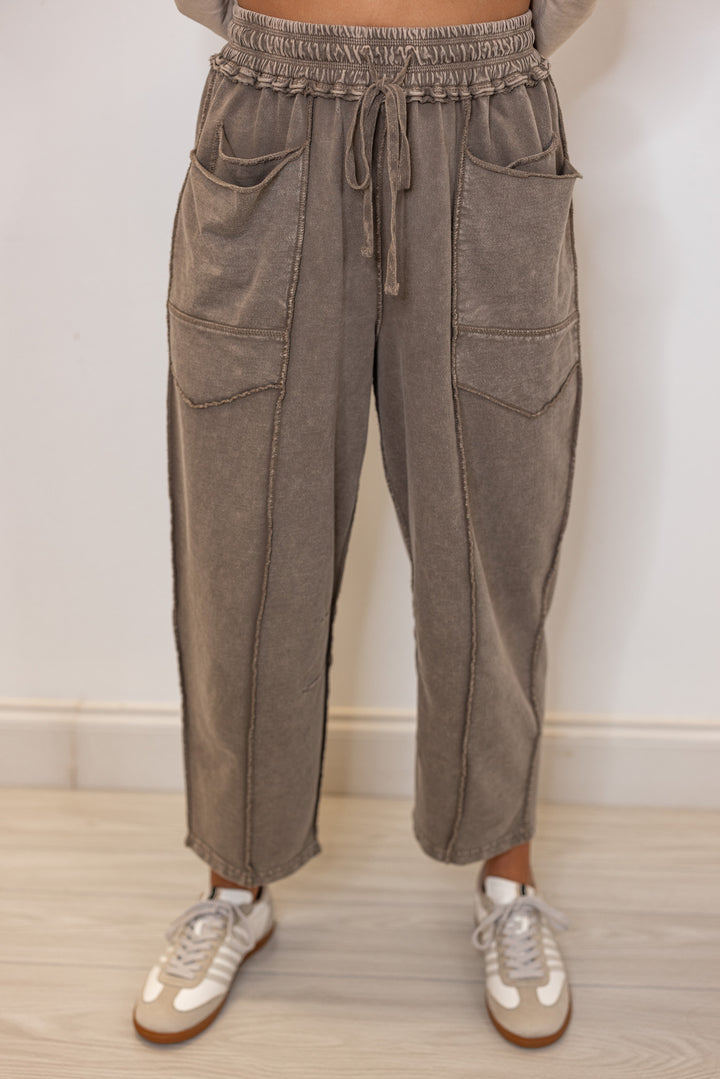 Women's mineral washed mocha french terry knit wide leg pants by Easel 