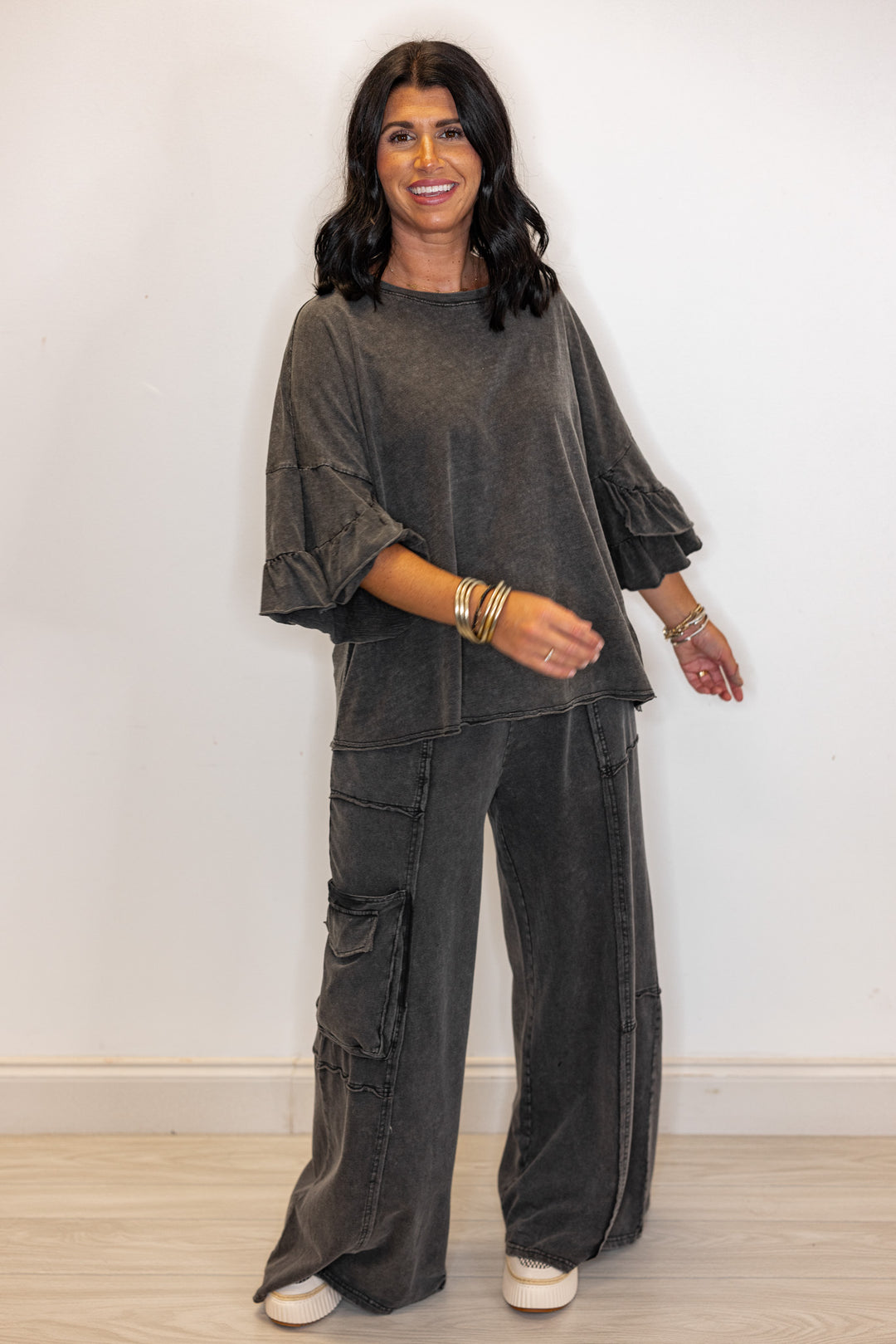 Women's trendy and perfect for fall mineral washed black terry knit exaggerated wide leg pants by Easel