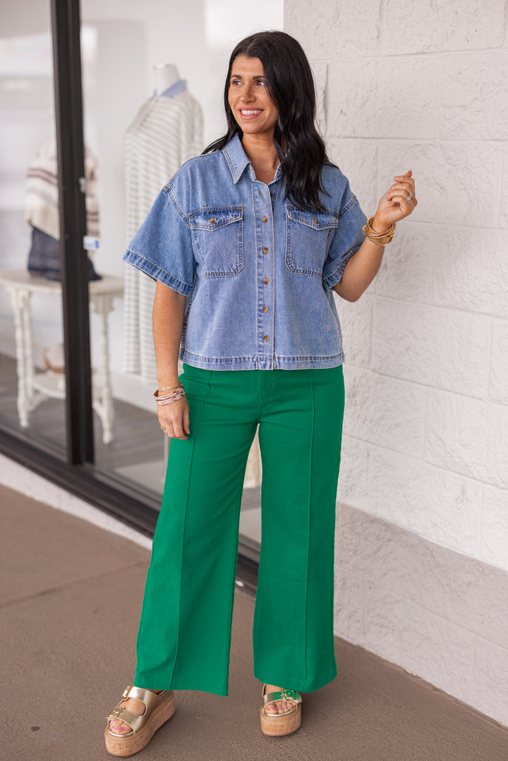 green pintuck wide leg twill denim jeans