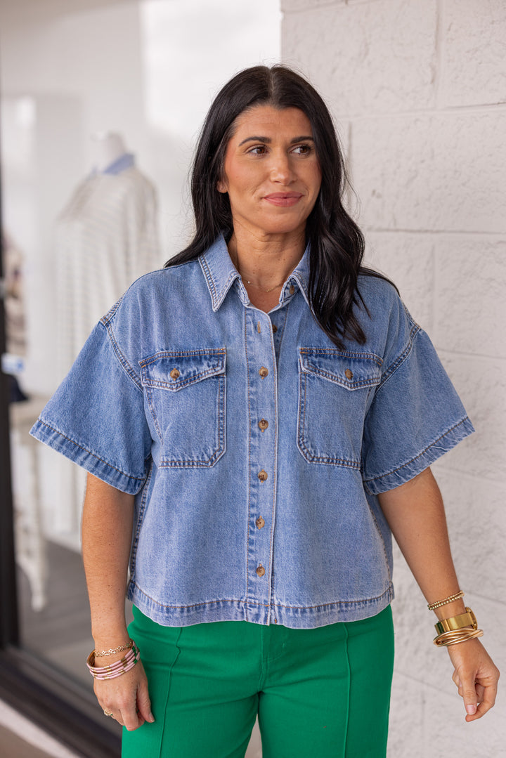 light wash lightweight denim button up short sleeve top