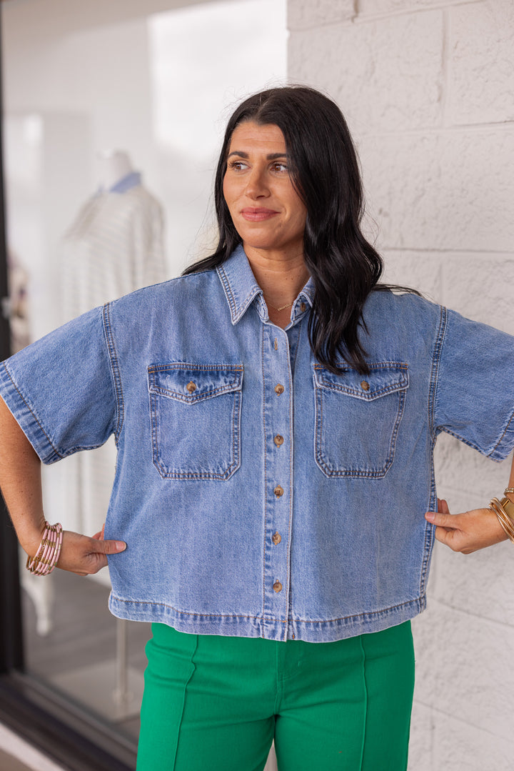 lightweight denim button up short sleeve top
