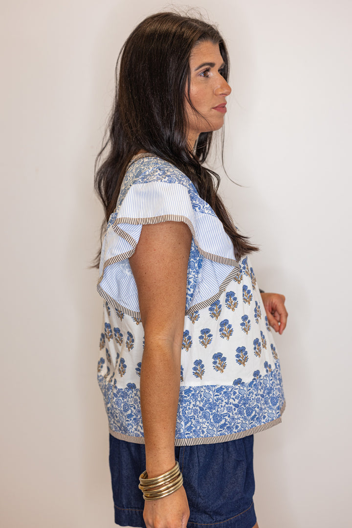 blue floral spring printed top