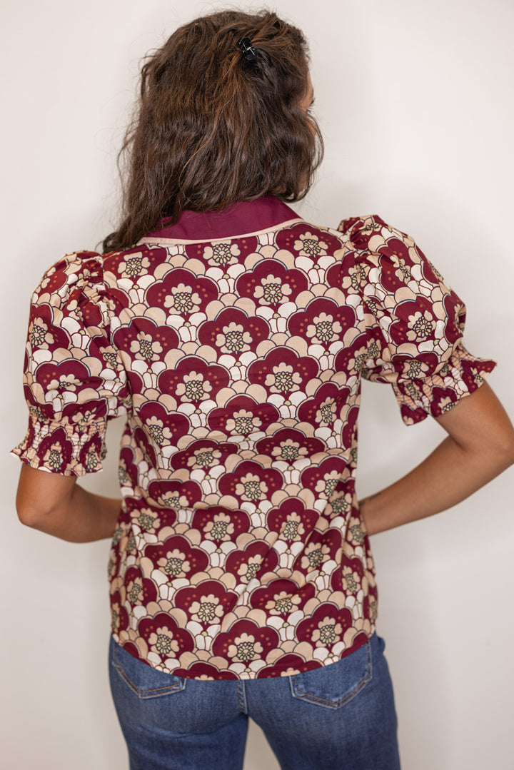 back view of Short sleeve burgundy printed blouse