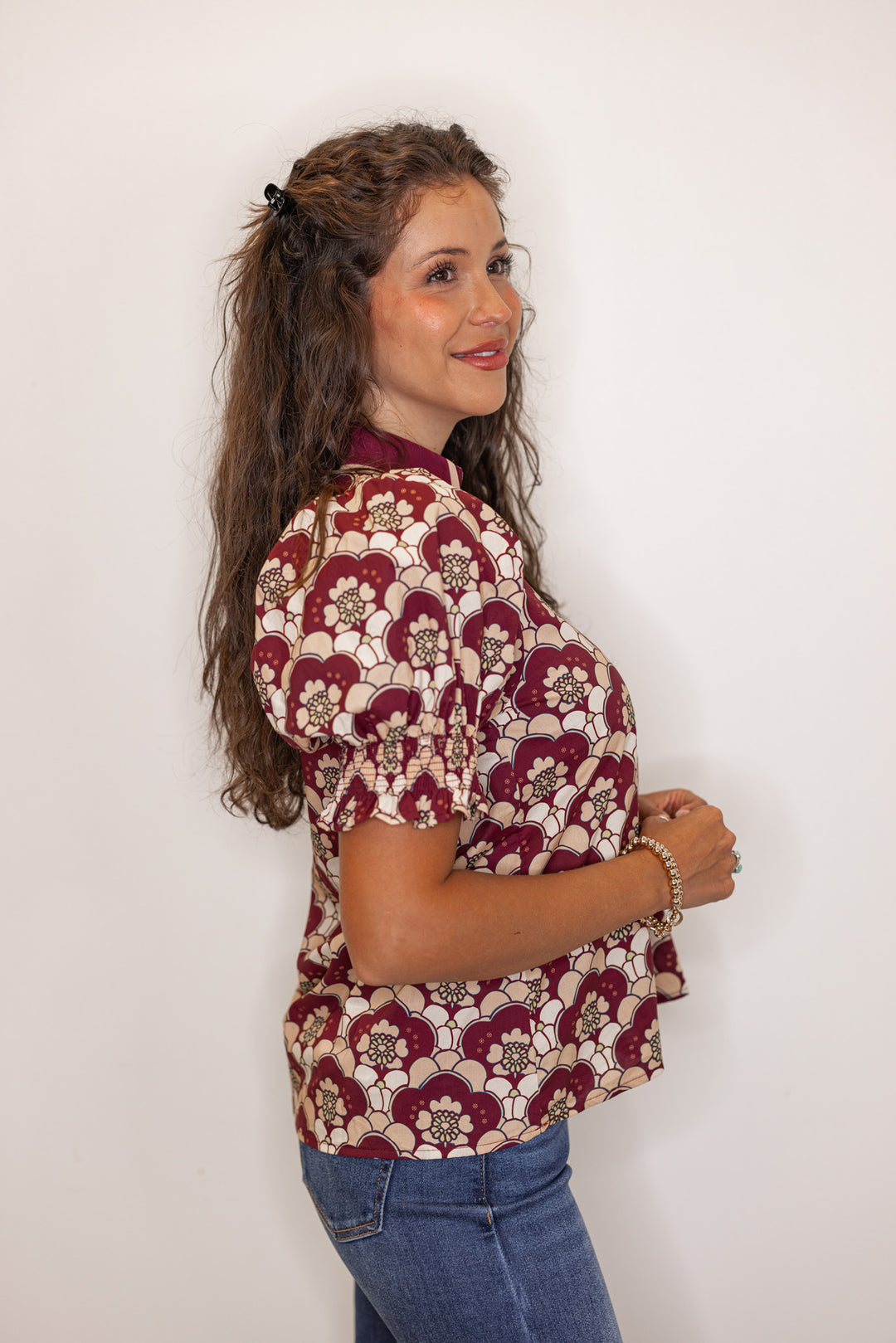 side view of Short sleeve burgundy printed blouse