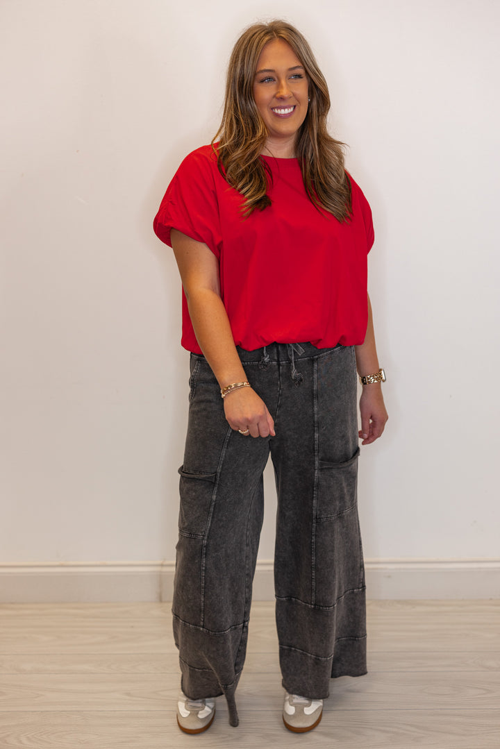 Women's red Bubble hem top and washed black Easel pants
