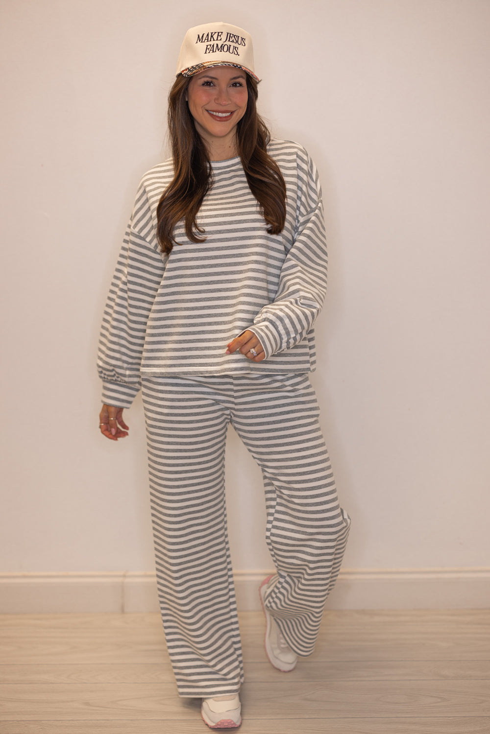 Women's grey striped lounge matching sets