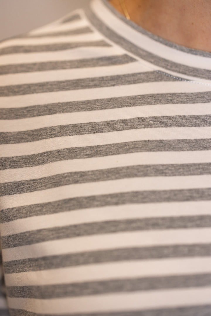 Women's grey lounge top showing striped pattern