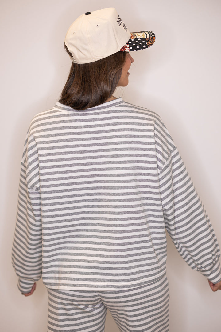 Women's grey striped lounge top by BucketList showing up close back view
