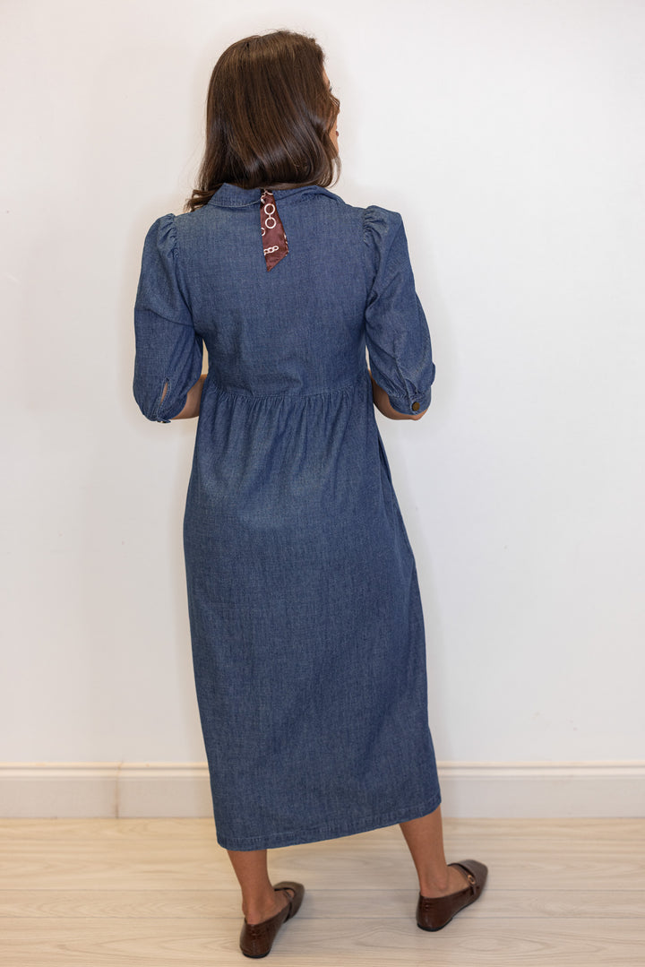dark blue denim chambray midi dress