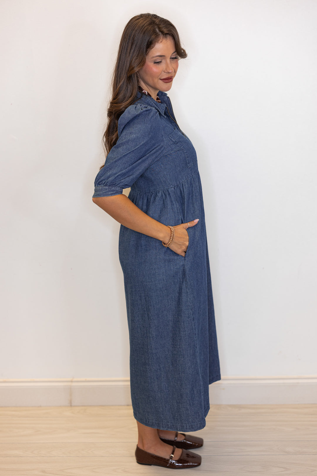 dark blue denim chambray midi dress