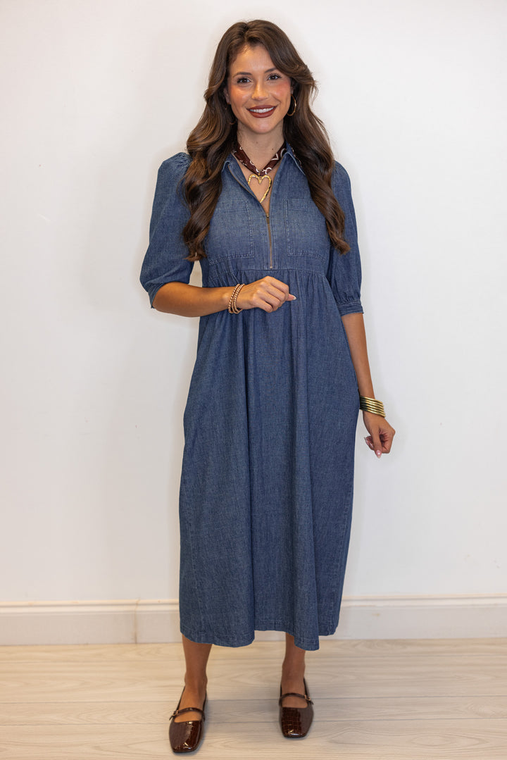 dark blue chambray midi dress