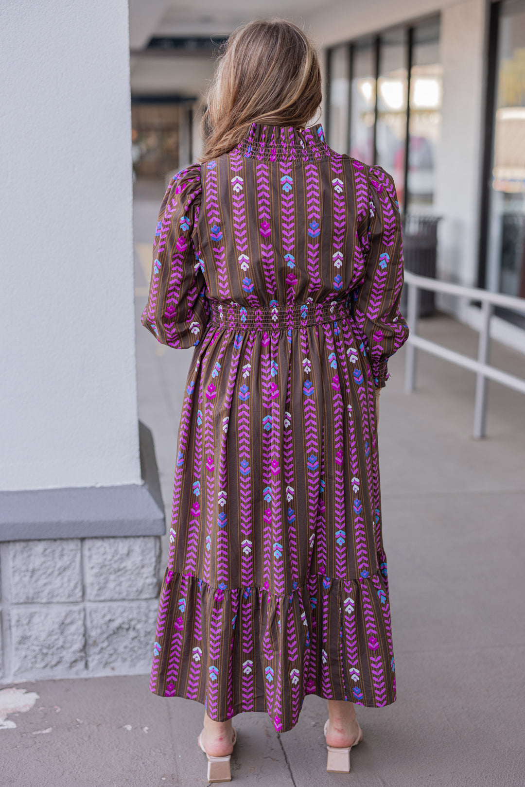 Umgee Brown And Pink Petal Print Midi Dress Medium