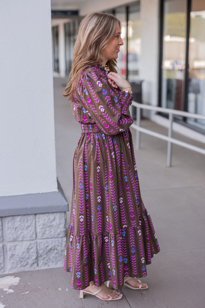 Women's brown ruffle trimmed midi dress with pink multicolor petal print by Umgee showing full side view