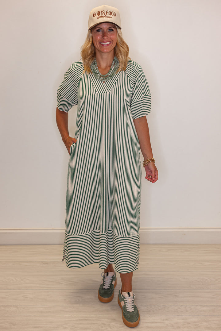 Women's hunter green and ivory striped midi dress by Entro