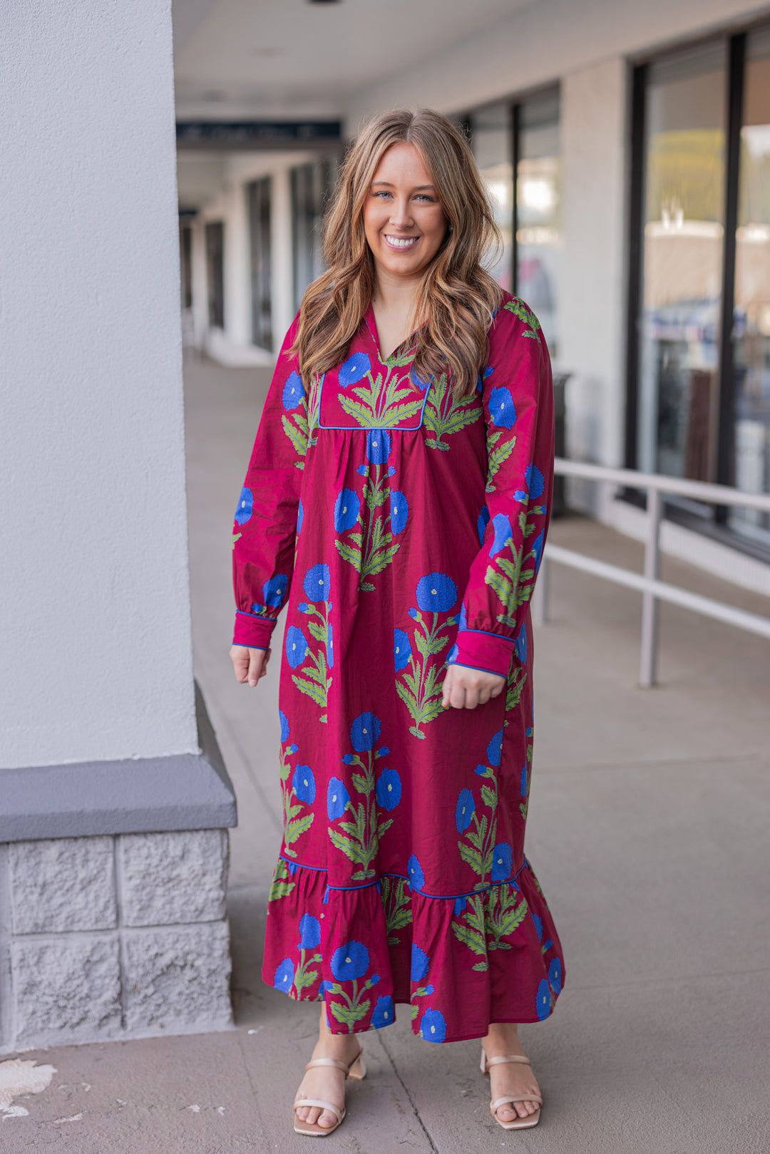 Burgundy Midi Dress With Dark Blue Floral Print Medium Burgundy Midi Dress With Dark Blue Floral Print Medium
