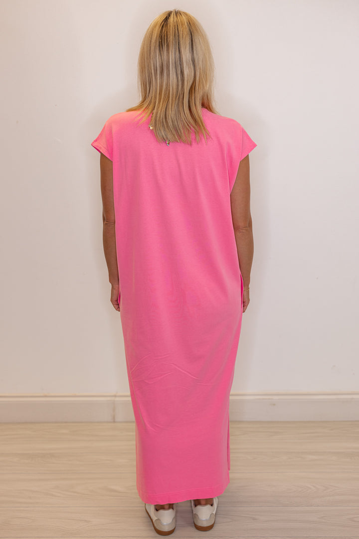Women's hibiscus pink t-shirt style maxi dress by Wishlist showing full back view
