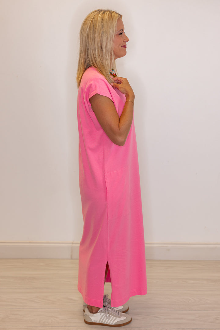Women's hibiscus pink t-shirt style maxi dress by Wishlist showing full side view