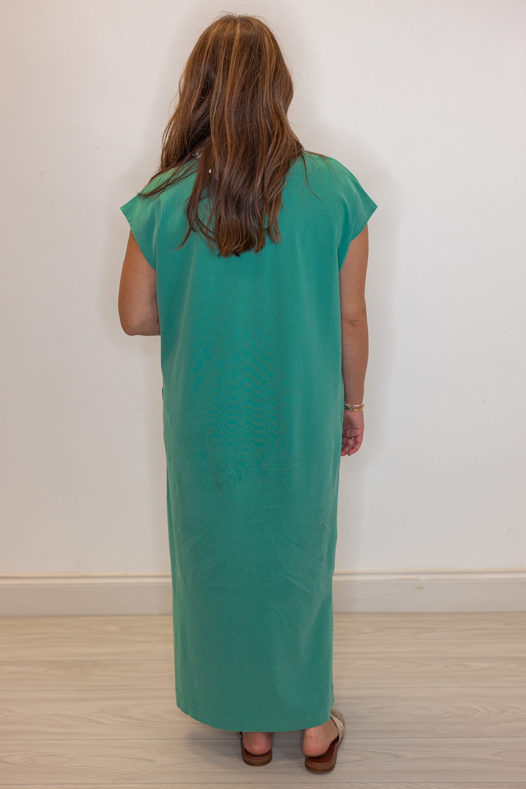Women's pistachio green t-shirt style maxi dress by Wishlist showing full back view