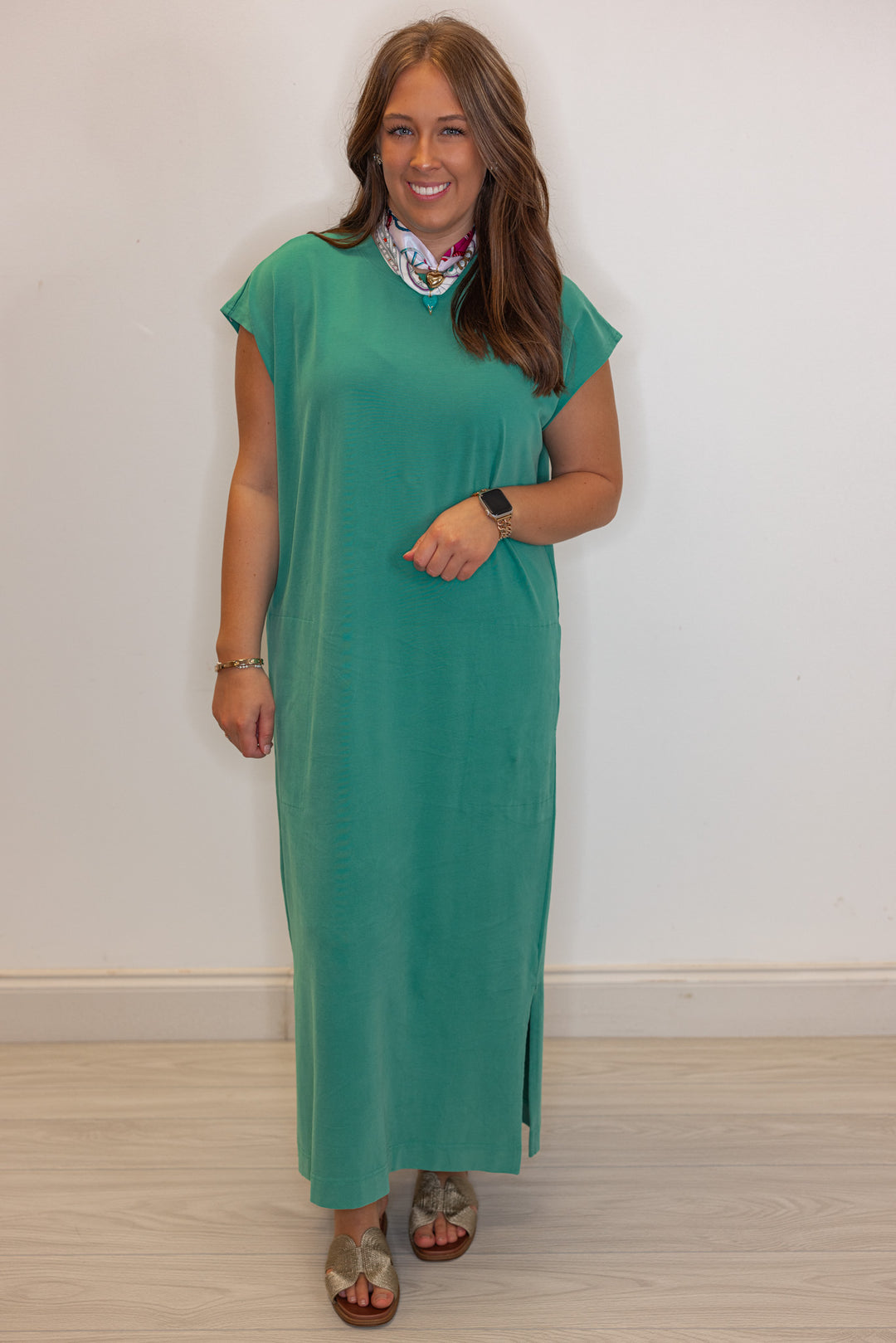 Women's pistachio green t-shirt style maxi dress by Wishlist showing full front view