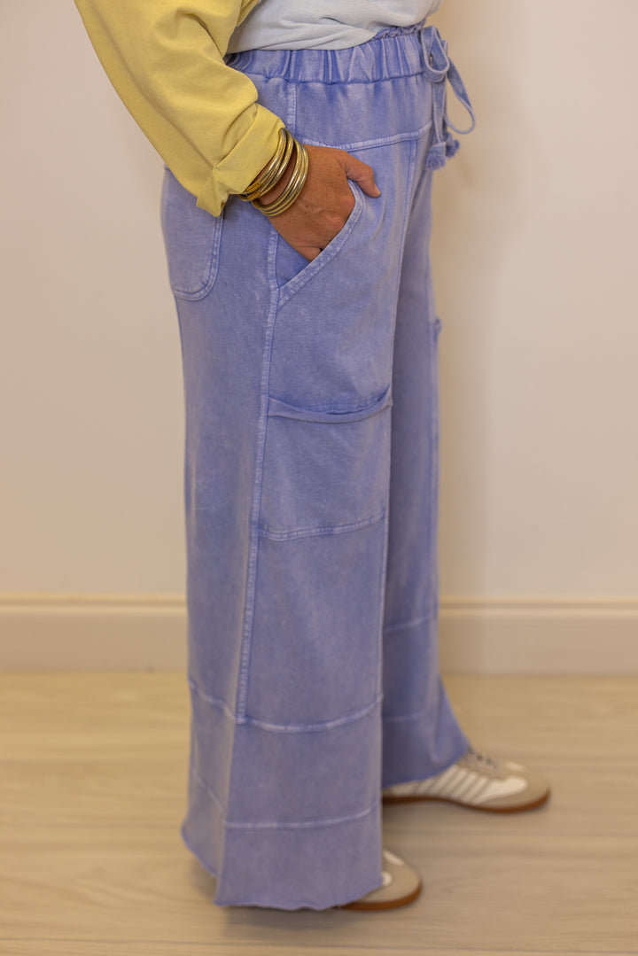 Women's French terry knit wide leg pants in mineral washed misty blue by Easel showing showing up close side view