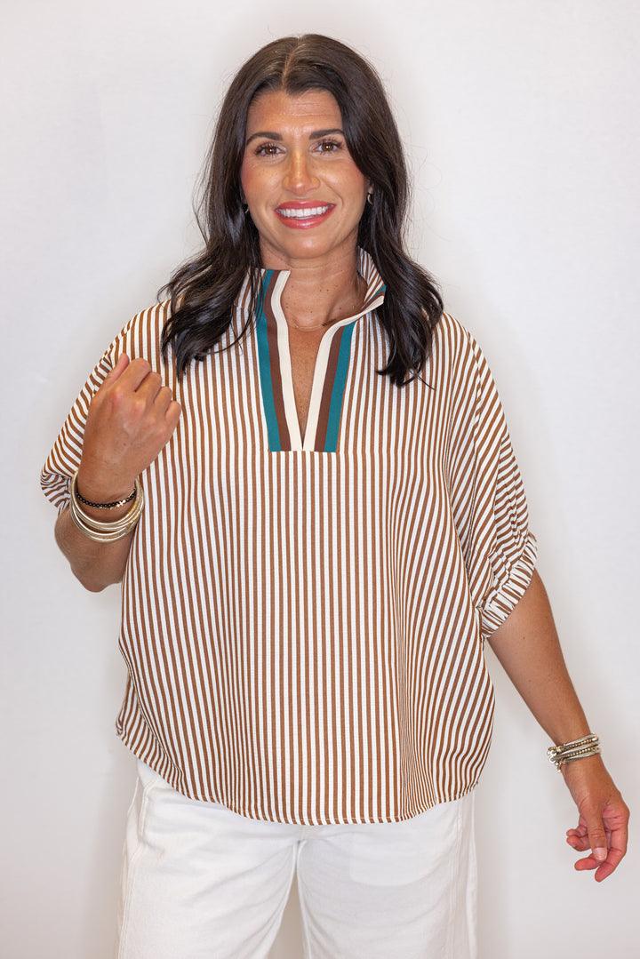 Women's caramel and ivory striped dolman top by Entro showing up close front view