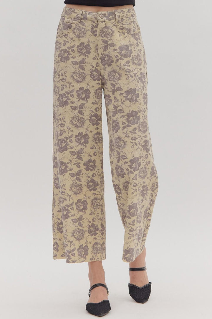 Women's ecru twill denim wide leg pants with washed lavender floral print by Entro