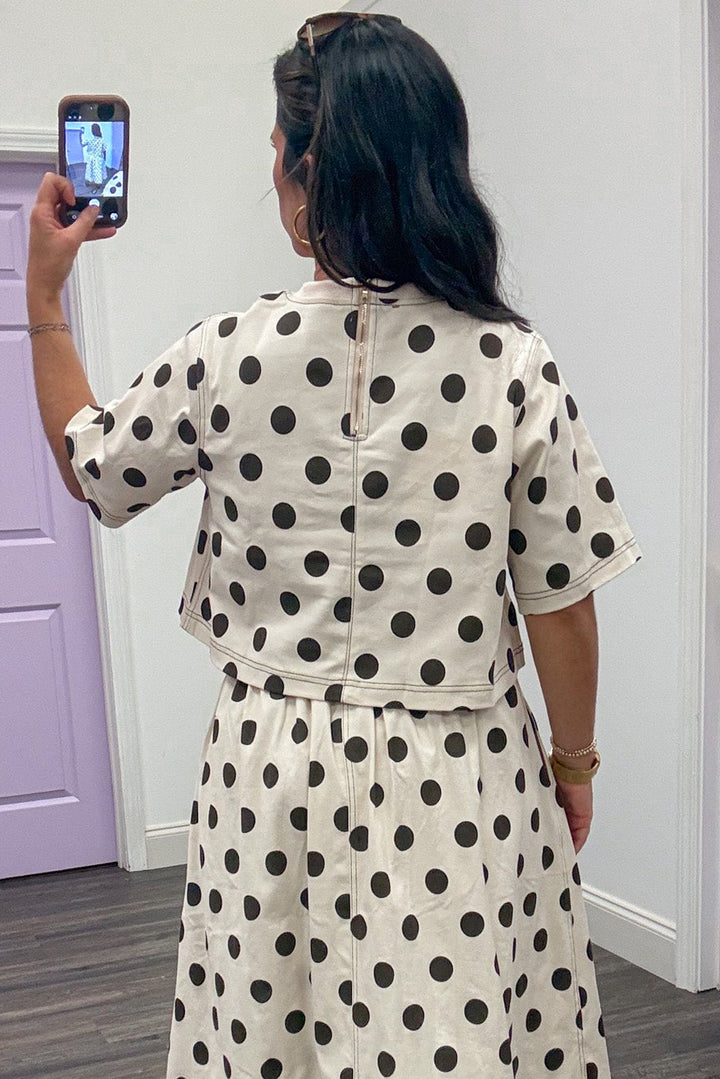 ecru with brown polka dot print short sleeve cropped twill denim top with back zipper closure