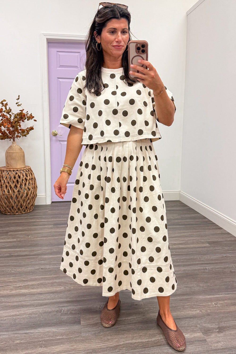 ecru with brown polka dot print short sleeve cropped twill denim top with reverse seam details