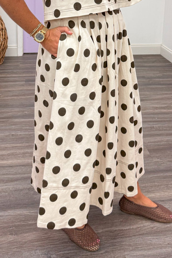 ecru with brown polka dot print flowy silhouette twill denim midi skirt with side pockets