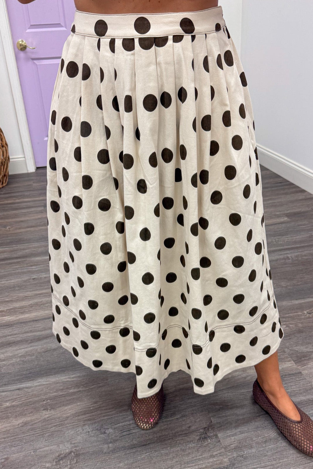 ecru with brown polka dot print flowy silhouette twill denim midi skirt with smooth front waistband