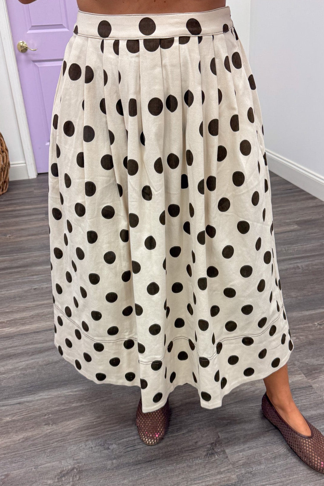 ecru with brown polka dot print flowy silhouette twill denim midi skirt with smooth front waistband