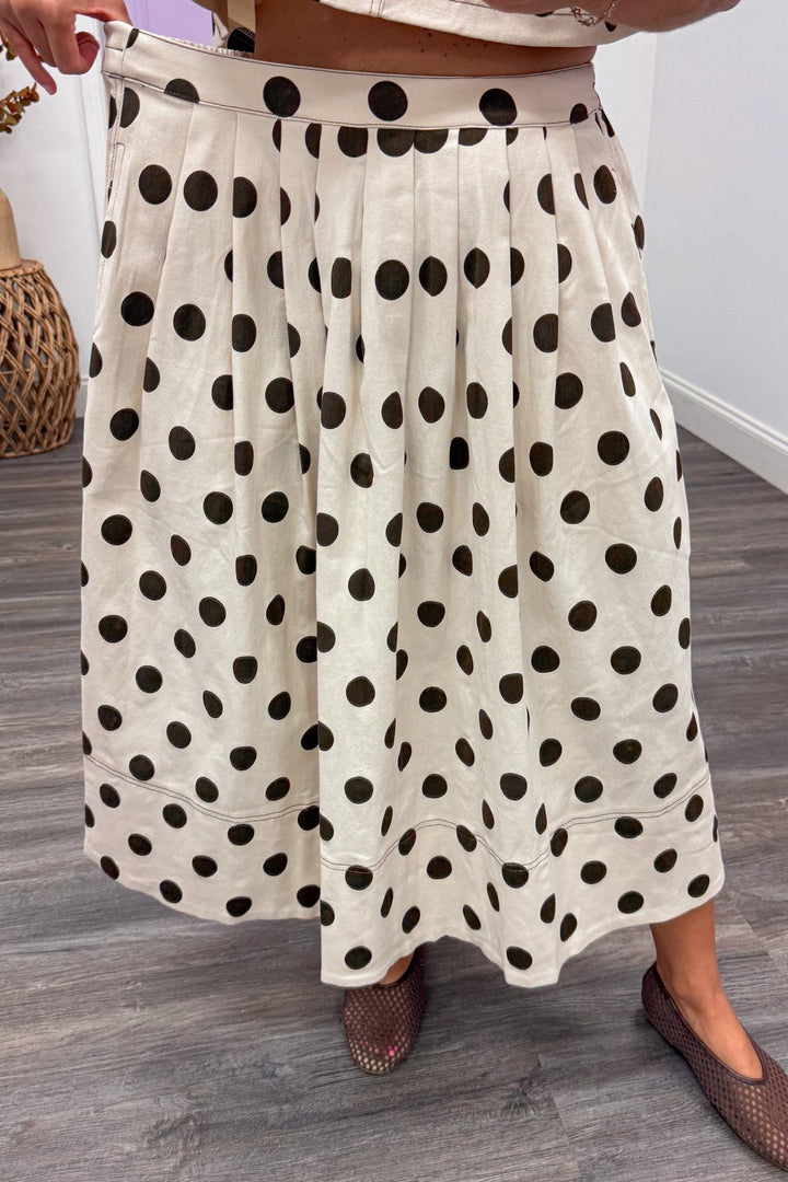 ecru with brown polka dot print relaxed flowy silhouette twill denim midi skirt