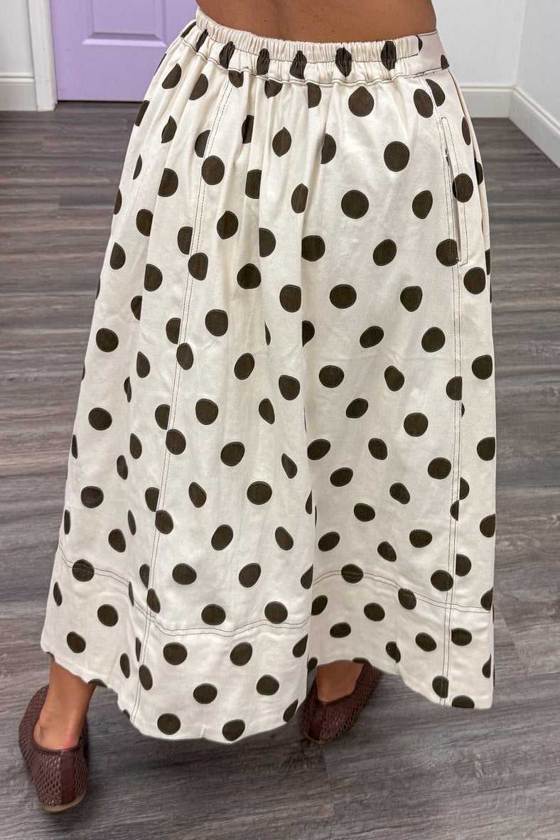 ecru with brown polka dot print flowy silhouette twill denim midi skirt with back elastic waistband