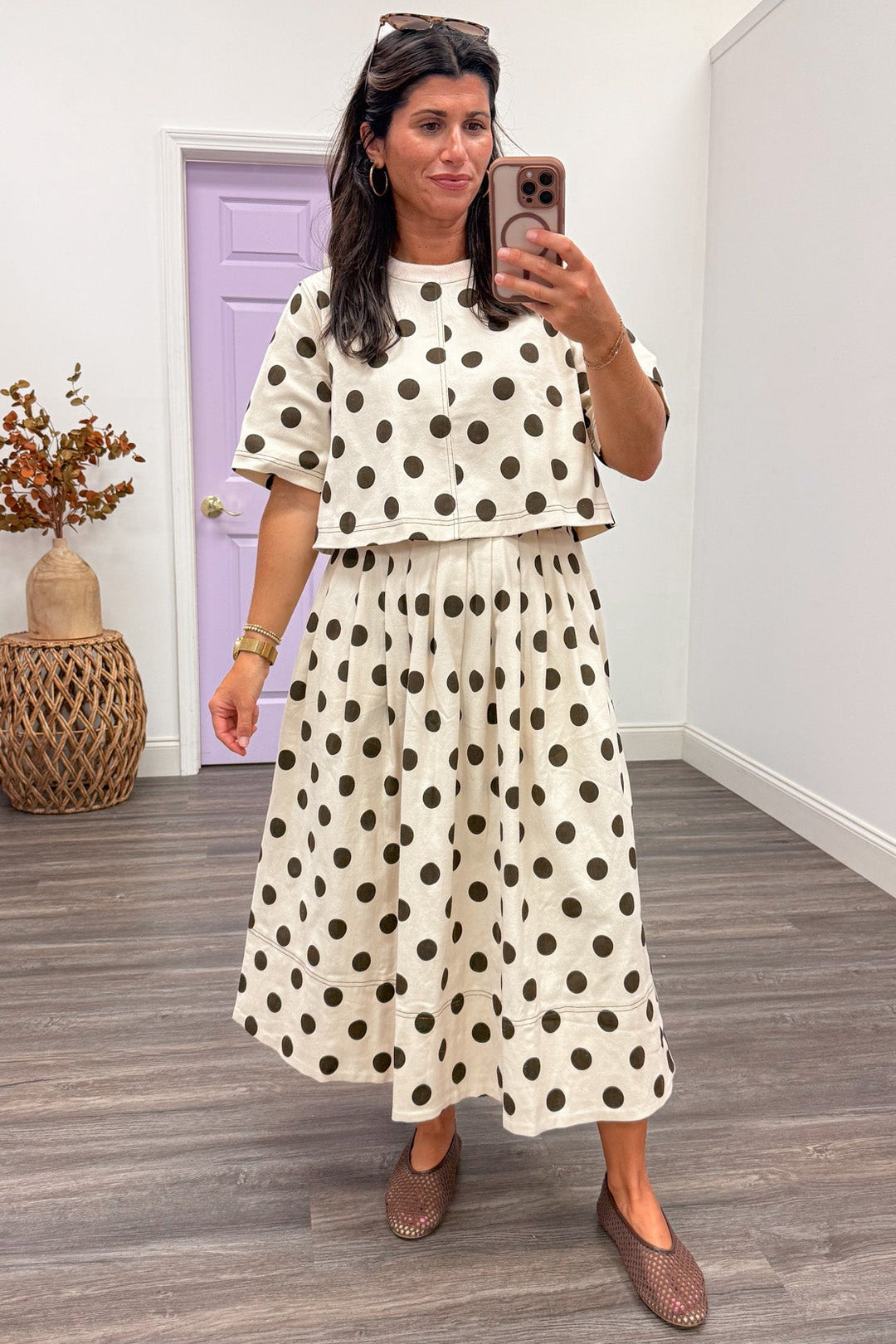 ecru with brown polka dot print flowy silhouette twill denim midi skirt