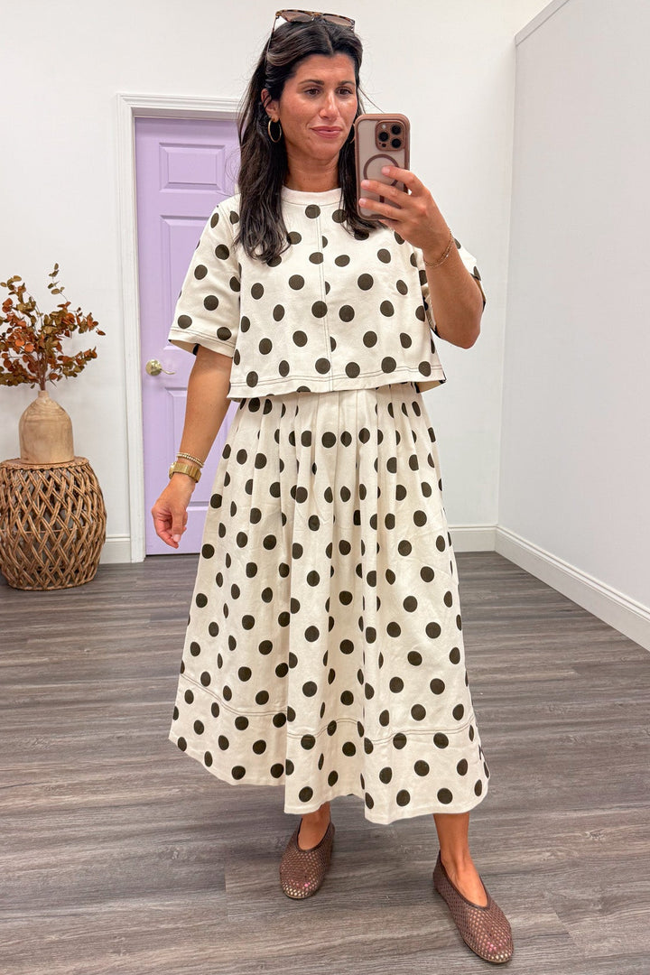 ecru with brown polka dot print flowy silhouette twill denim midi skirt